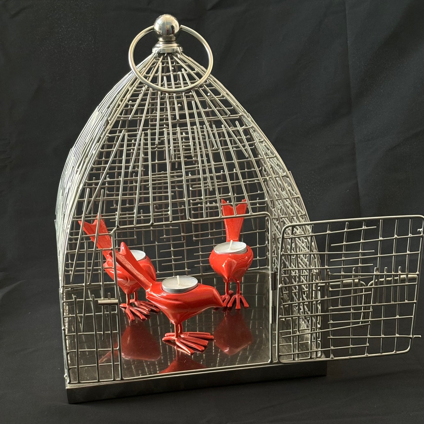 Unusual Modernist Stainless Steel Birdcage with Three Bird Tealight Holders