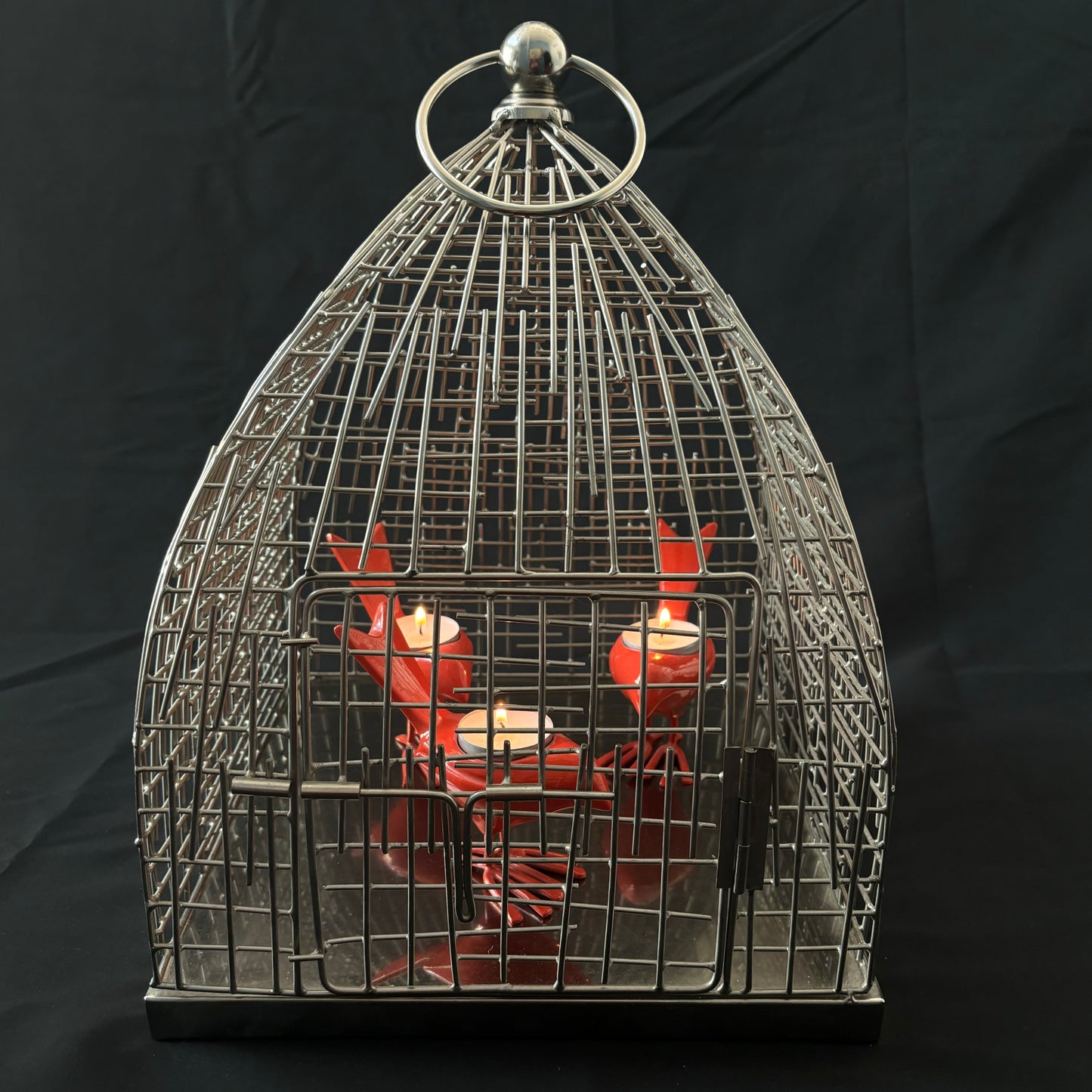 Unusual Modernist Stainless Steel Birdcage with Three Bird Tealight Holders