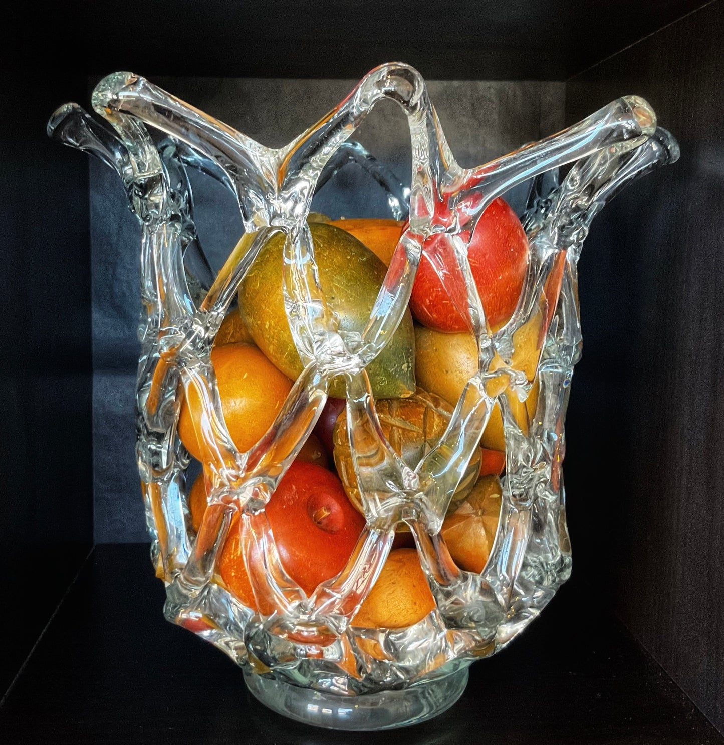 Brutalist “open basket” crystal bowl (11.25” tall. 11.75” wide)