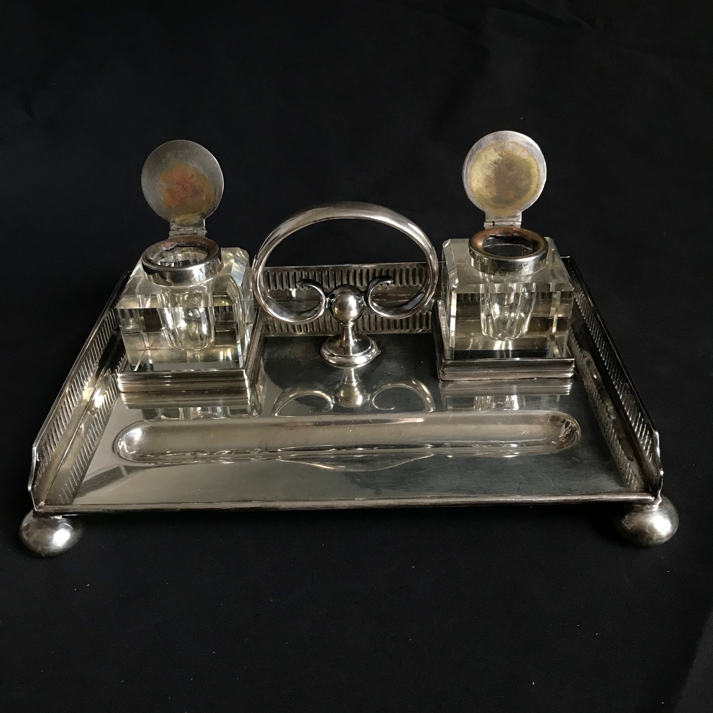 English, Silver Plate Desk Top Inkwell Stand