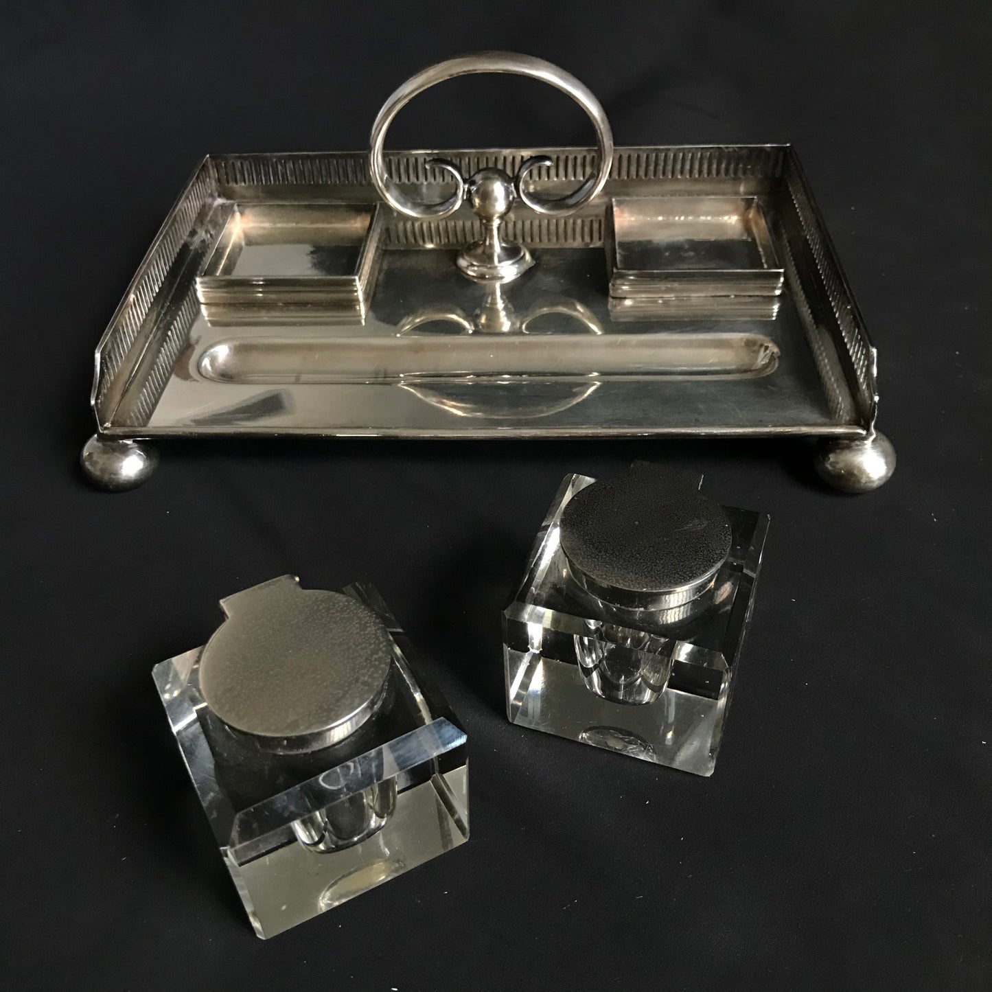 English, Silver Plate Desk Top Inkwell Stand
