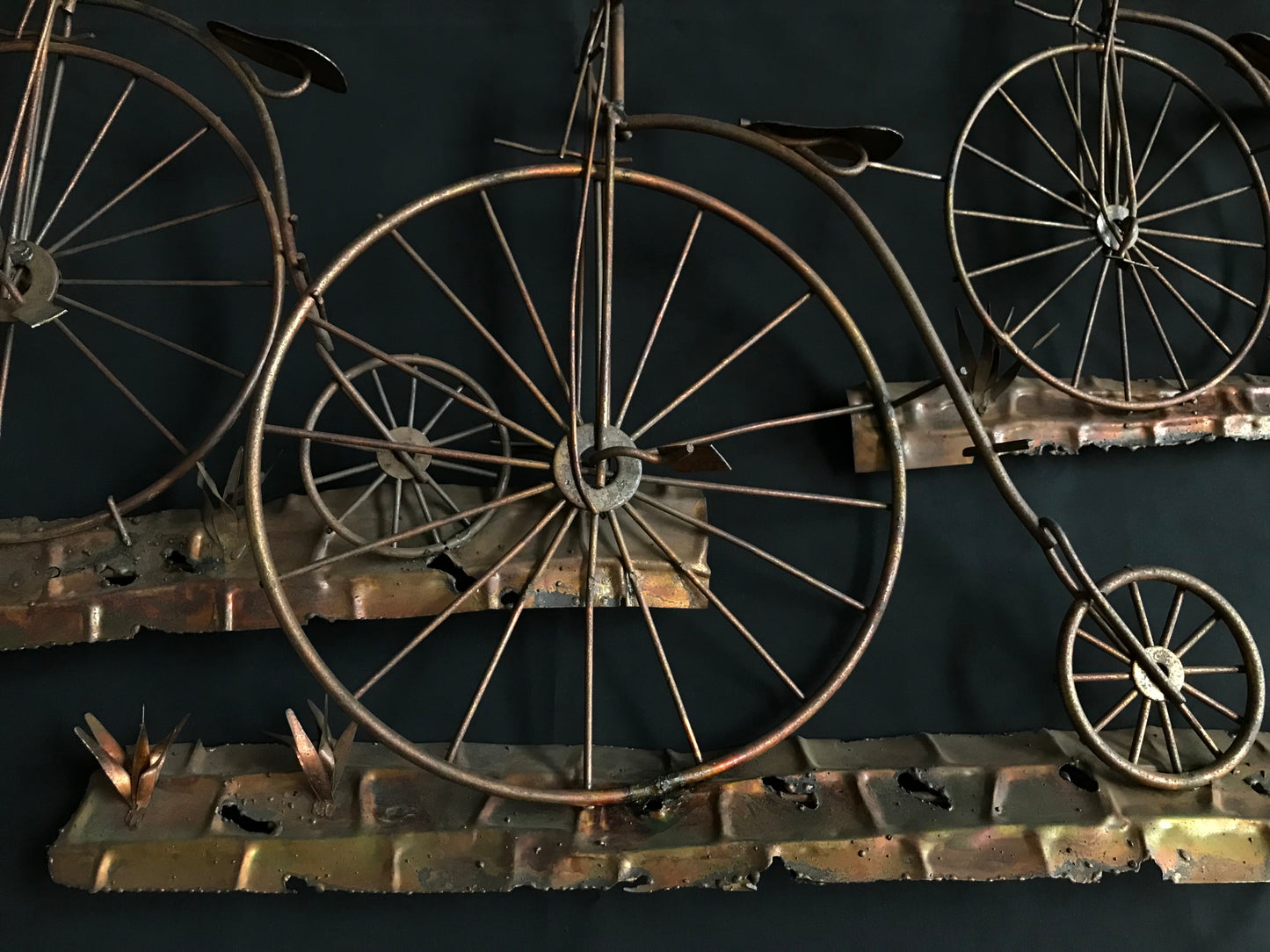 Curtis Jere Vintage Wall Sculpture of Penny Farthing Bicycles