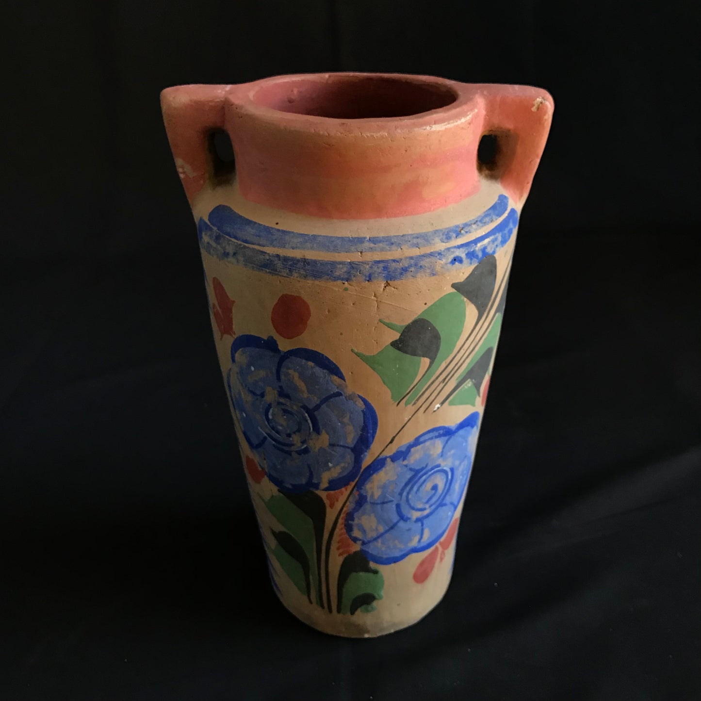 Vintage Mexican Pottery - Handled Vase with Blue Flower Pattern