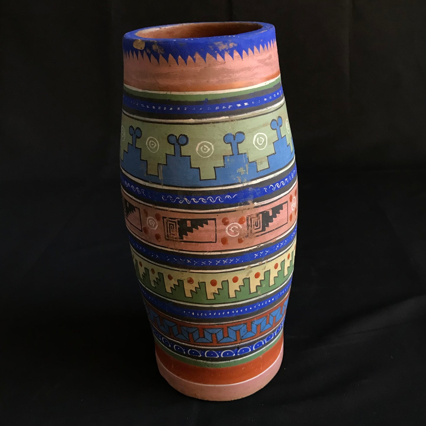 Vintage Mexican Pottery - Tall Vase with Pink, Blue, and Green Pattern