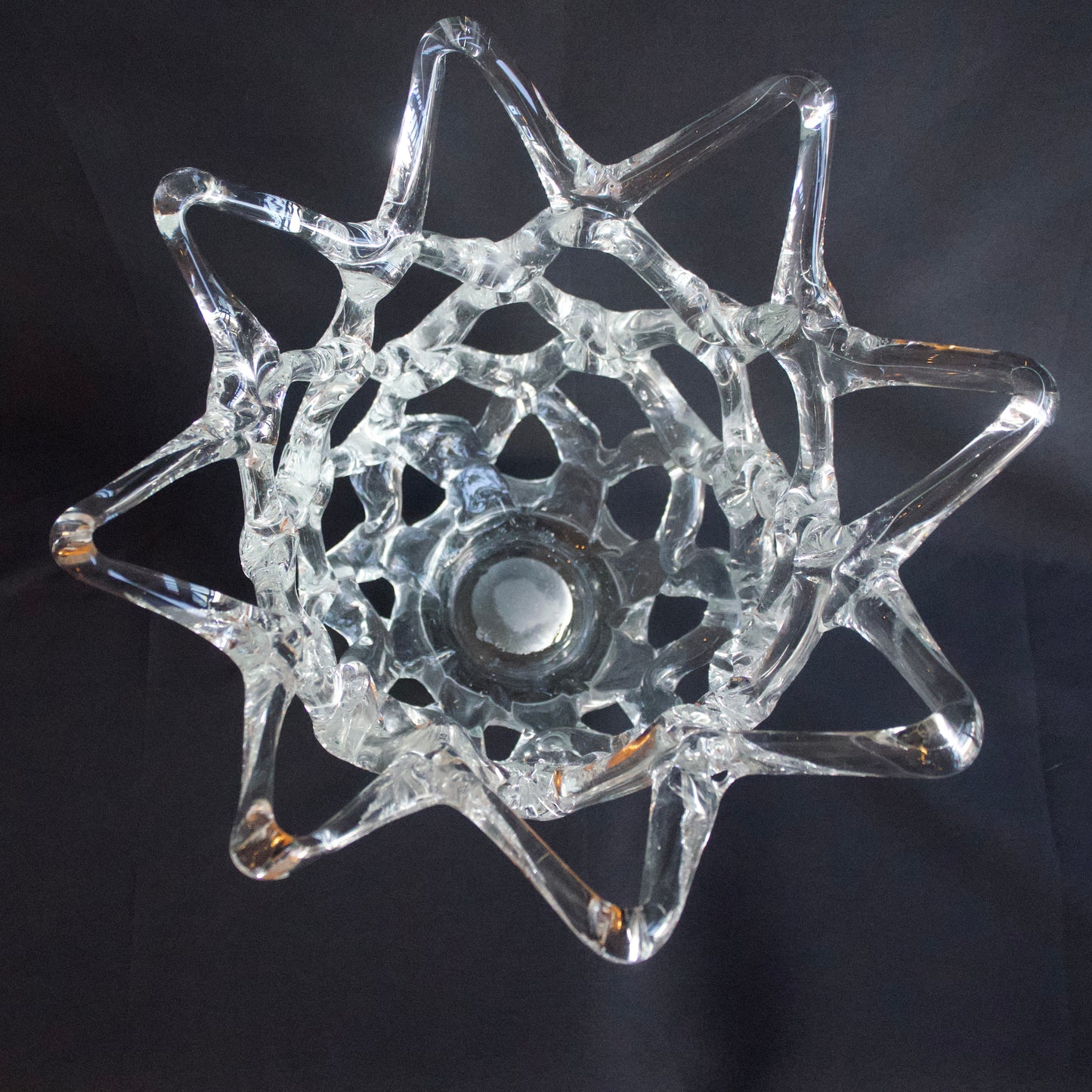 Brutalist “open basket” crystal bowl (11.25” tall. 11.75” wide)