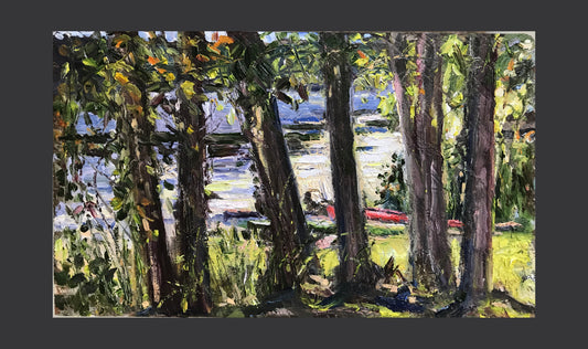 Lakeside with red canoe, September 25th, 2021