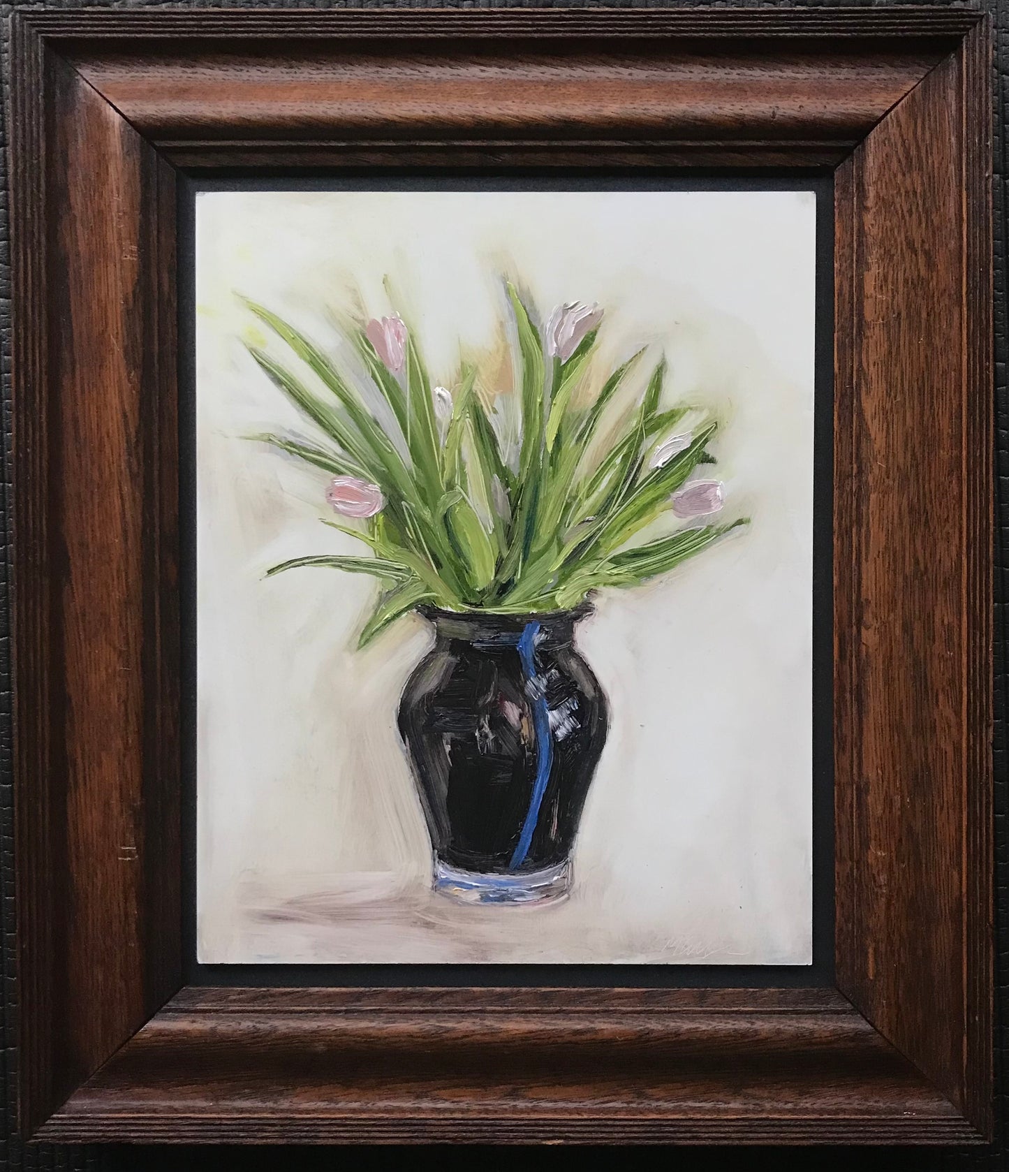 Tulips in Balck Vase with Blue Stripe, January 21st, 2023